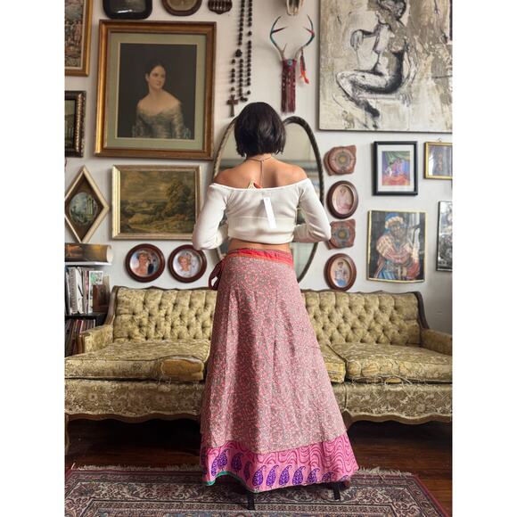 Pink Polyester Paisley Multi Print Layered Wrap Skirt Size One Kind Fits Most - Picture 7 of 12